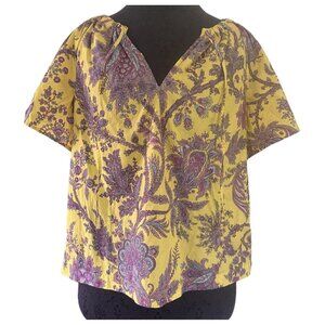 J. Crew Collection Blouse M Boho Cotton Top in Yellow Gold Paisley Bohemian